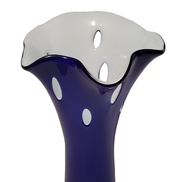 Cobalt Blue Milky White Inside Ruffled Top Cut Outs 12" Tall Vase - Picture 5 of 11